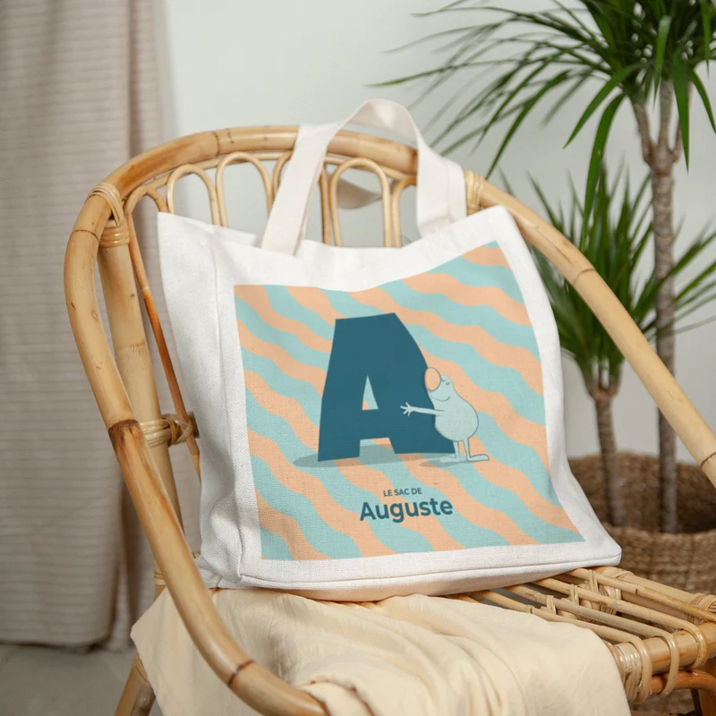 Tote bag Anse en toile Mon initiale d'amour bleu