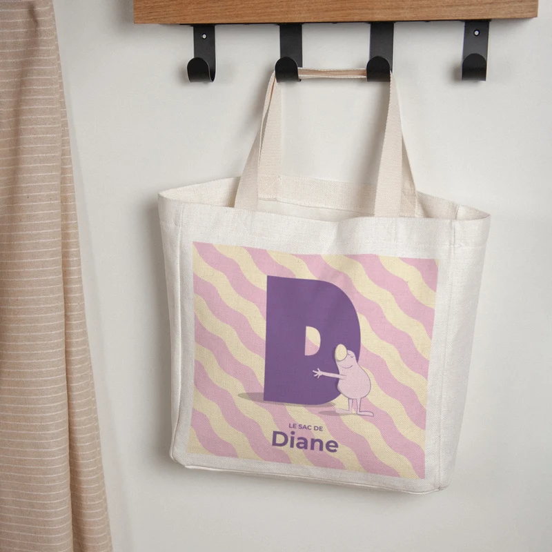 Tote bag Anse en toile Mon initiale d'amour rose