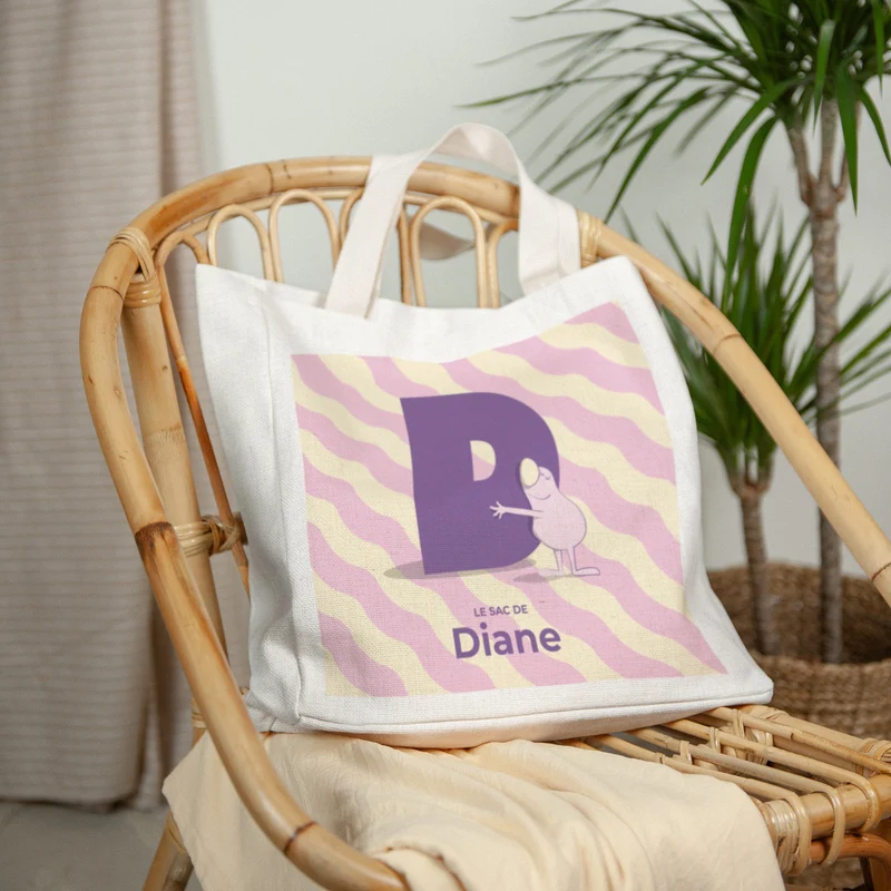 Tote bag Anse en toile Mon initiale d'amour rose