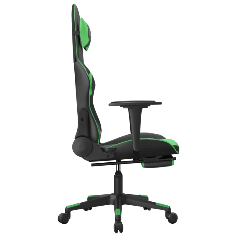 Fauteuil de bureau chaise gaming fonction de massage avec coussin lombaire et repose-pieds en PVC noir et vert DEC025882