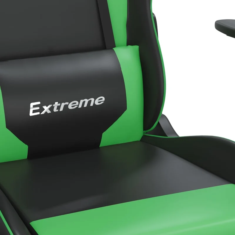 Fauteuil de bureau chaise gaming fonction de massage avec coussin lombaire et repose-pieds en PVC noir et vert DEC025882