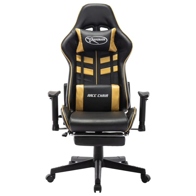 Fauteuil de bureau chaise gaming sur roulettes avec repose-pieds en PVC noir et doré DEC025767