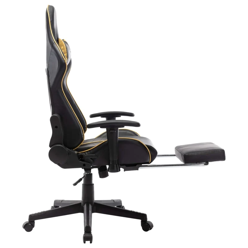 Fauteuil de bureau chaise gaming sur roulettes avec repose-pieds en PVC noir et doré DEC025767