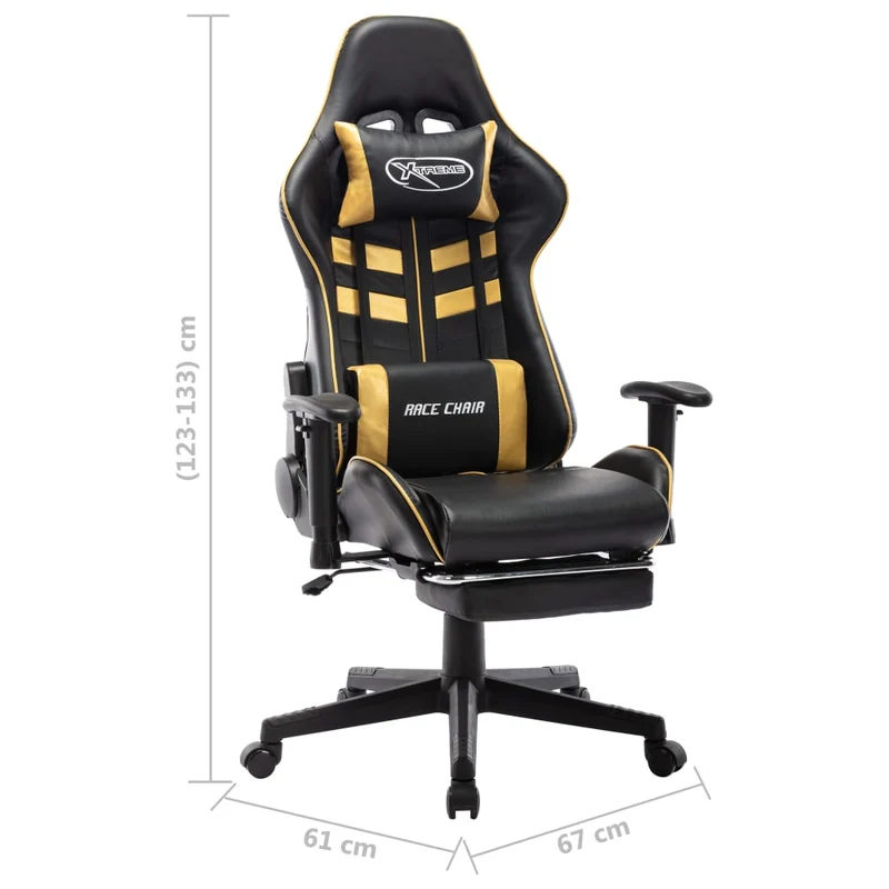 Fauteuil de bureau chaise gaming sur roulettes avec repose-pieds en PVC noir et doré DEC025767