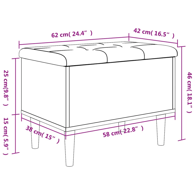 Banc banquette de rangement avec coussin d'assise noir 62 x 42 x 46 cm en bois d'ingénierie couleur chêne fumé DEC024723