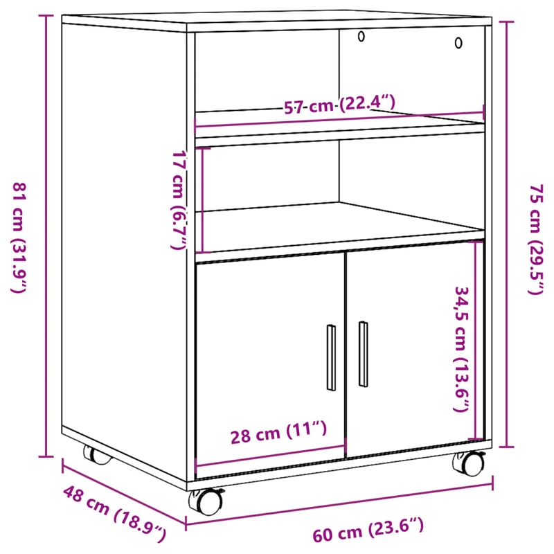 Meuble de bureau sur roulettes meuble d'appoint 60 x 48 x 81 cm bois d'ingénierie marron DEC024498