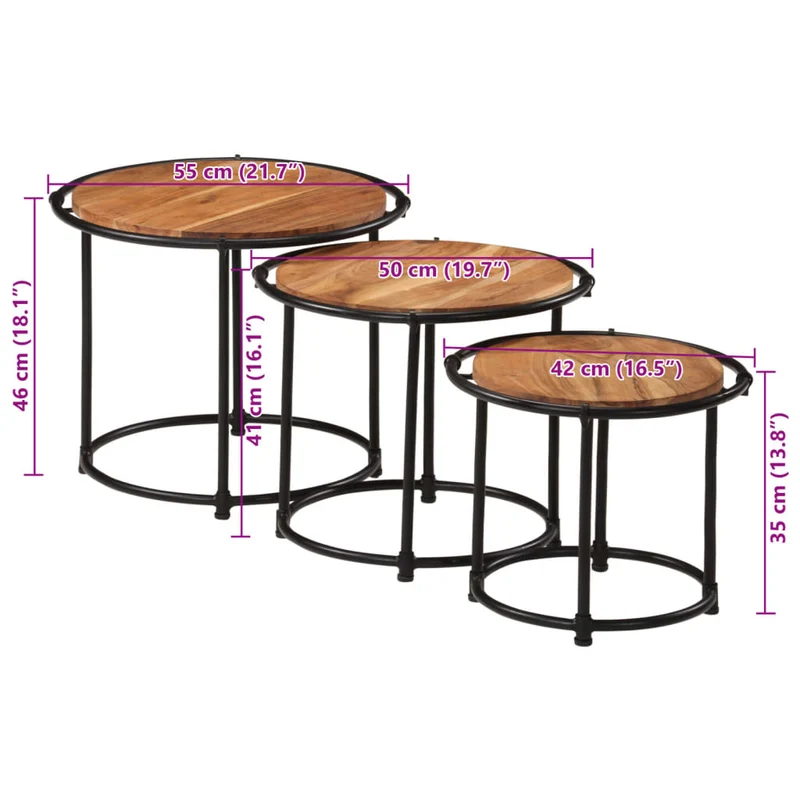 Lot de 3 tables d'appoint gigognes en bois massif d'acacia et fer DEC032708