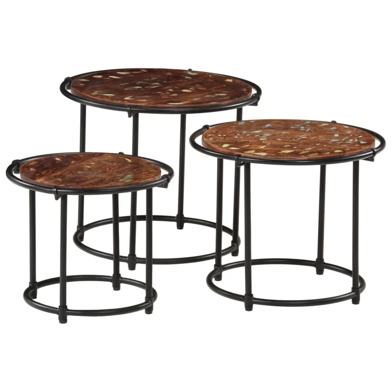 Lot de 3 tables d'appoint gigognes en bois massif de récupération marron et fer DEC032709