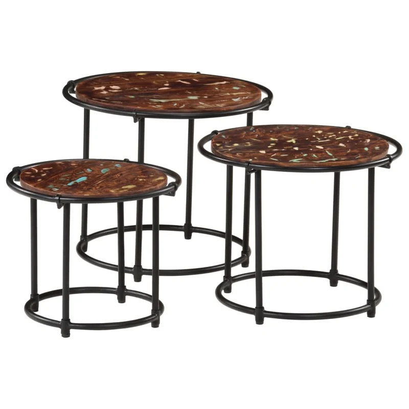 Lot de 3 tables d'appoint gigognes en bois massif de récupération marron et fer DEC032709