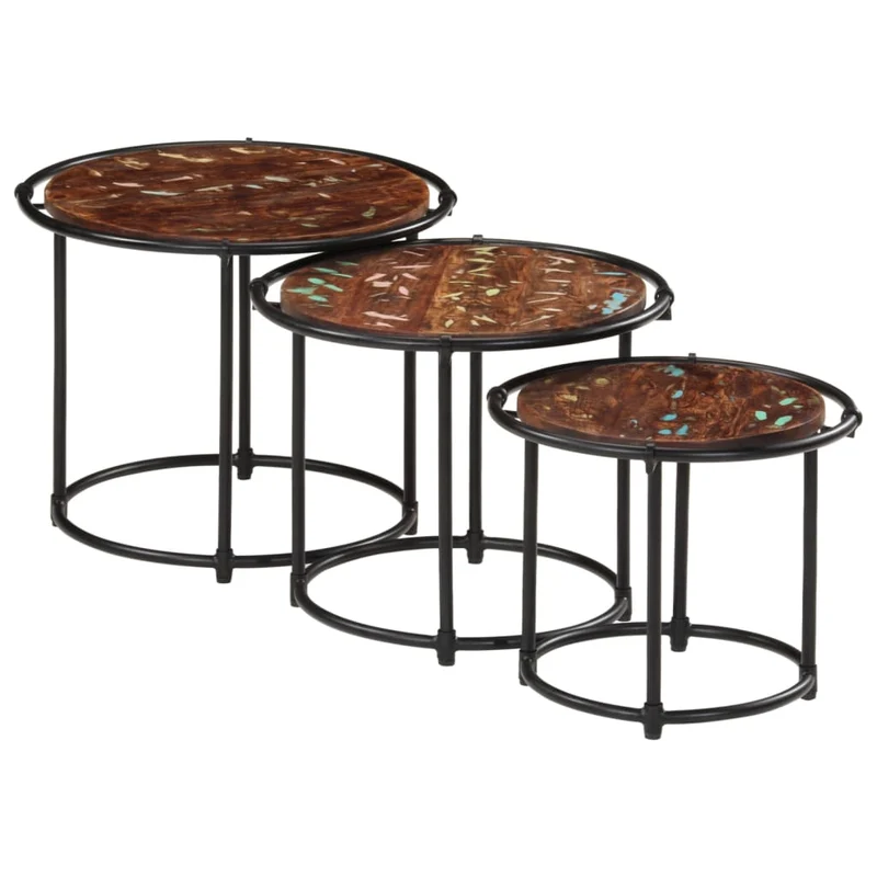 Lot de 3 tables d'appoint gigognes en bois massif de récupération marron et fer DEC032709