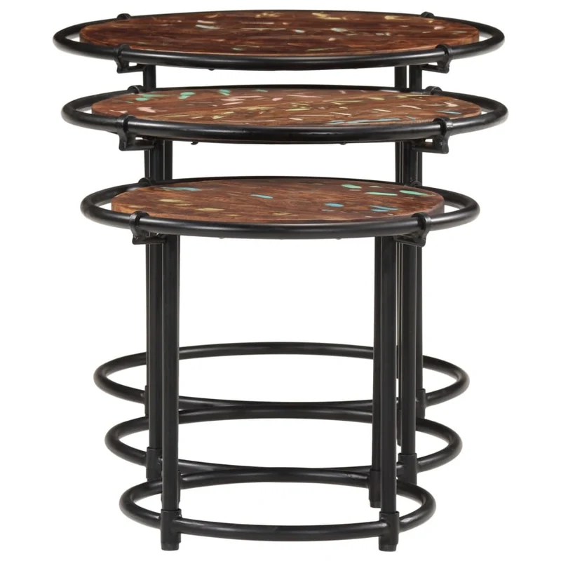 Lot de 3 tables d'appoint gigognes en bois massif de récupération marron et fer DEC032709