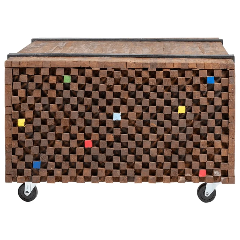 Table d'appoint table basse sur roulettes en teck marron et multicolor 60 x 60 x 38 cm DEC032435