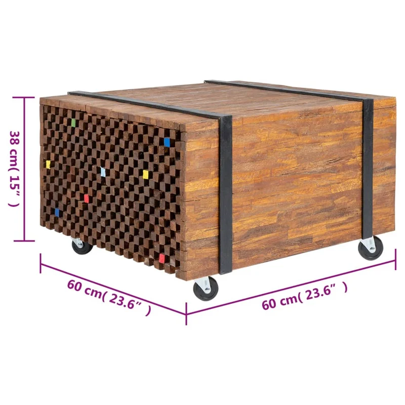 Table d'appoint table basse sur roulettes en teck marron et multicolor 60 x 60 x 38 cm DEC032435
