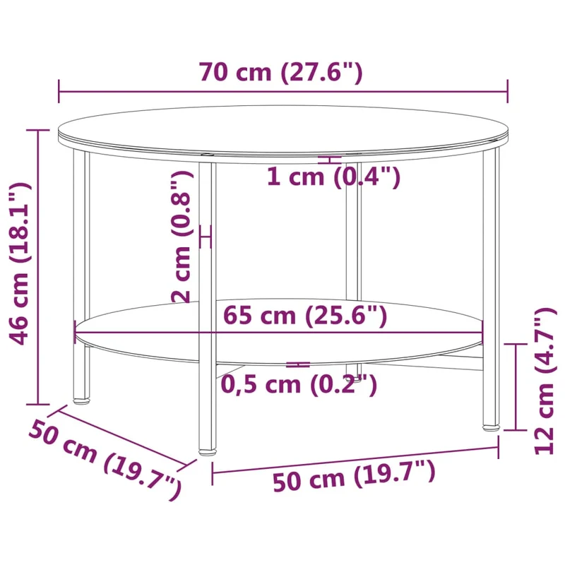 Table basse de salon à deux niveaux 70 cm verre trempé et fer DEC032587