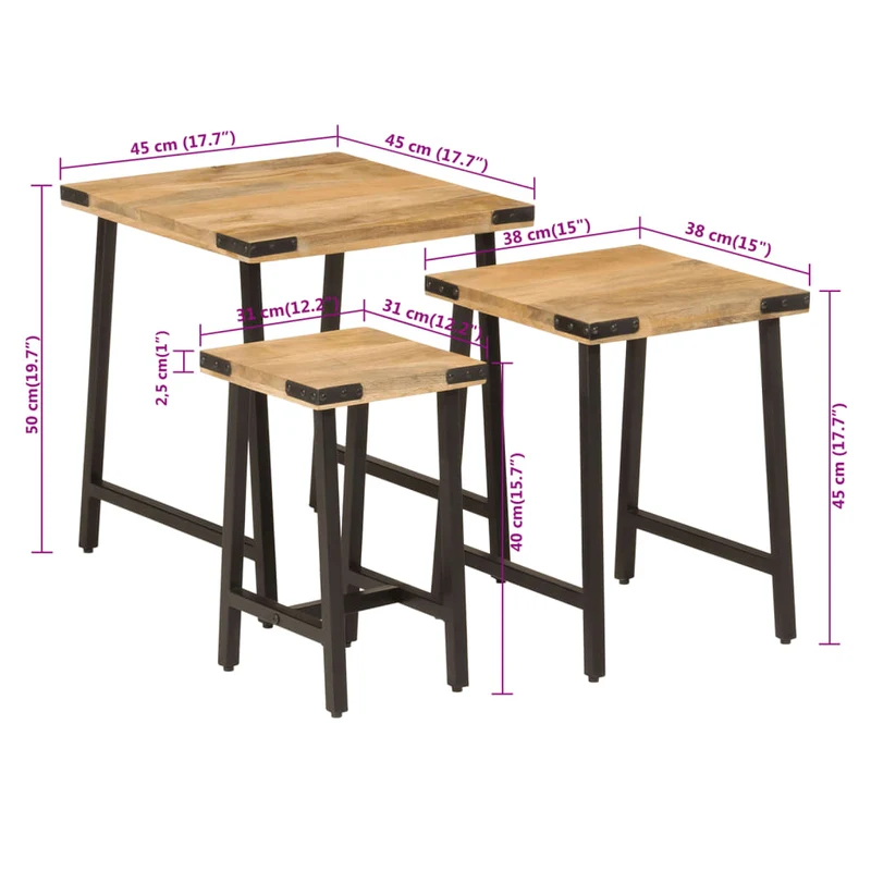 Lot de 3 tables d'appoint gigognes en bois massif de manguier et fer DEC032591