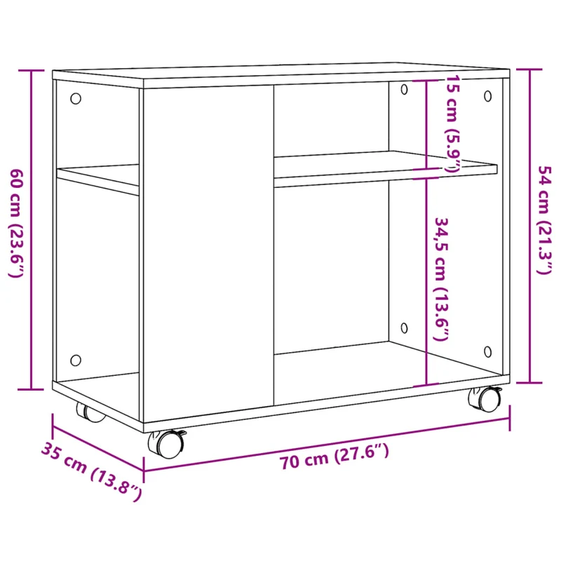 Meuble d'appoint console sur roulettes avec étagères 70 x 35 x 60 cm en bois d'ingénierie brun DEC032326