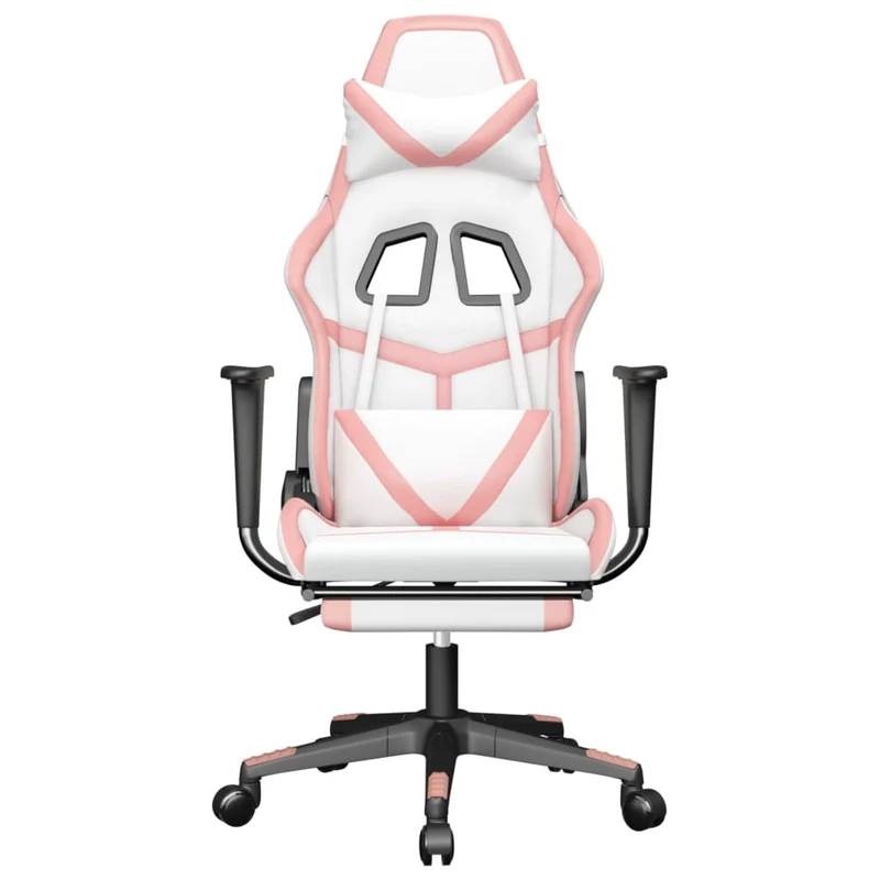 Fauteuil de bureau chaise gaming sur roulettes avec repose-pied en PVC blanc et rose DEC025743