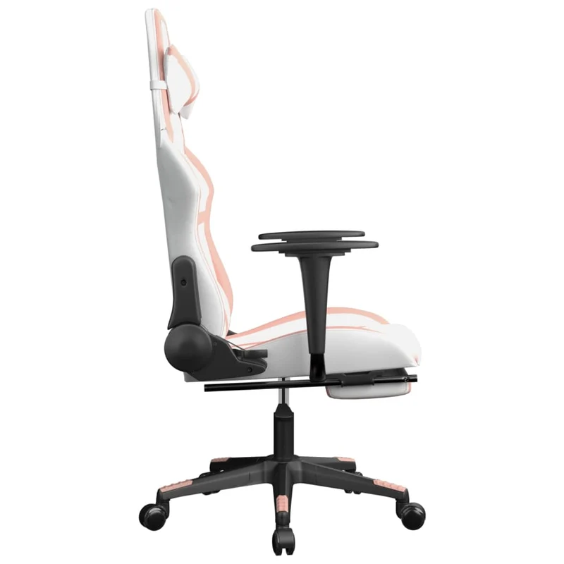 Fauteuil de bureau chaise gaming sur roulettes avec repose-pied en PVC blanc et rose DEC025743