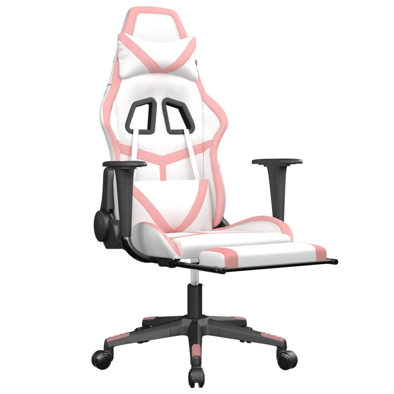Fauteuil de bureau chaise gaming sur roulettes avec repose-pied en PVC blanc et rose DEC025743