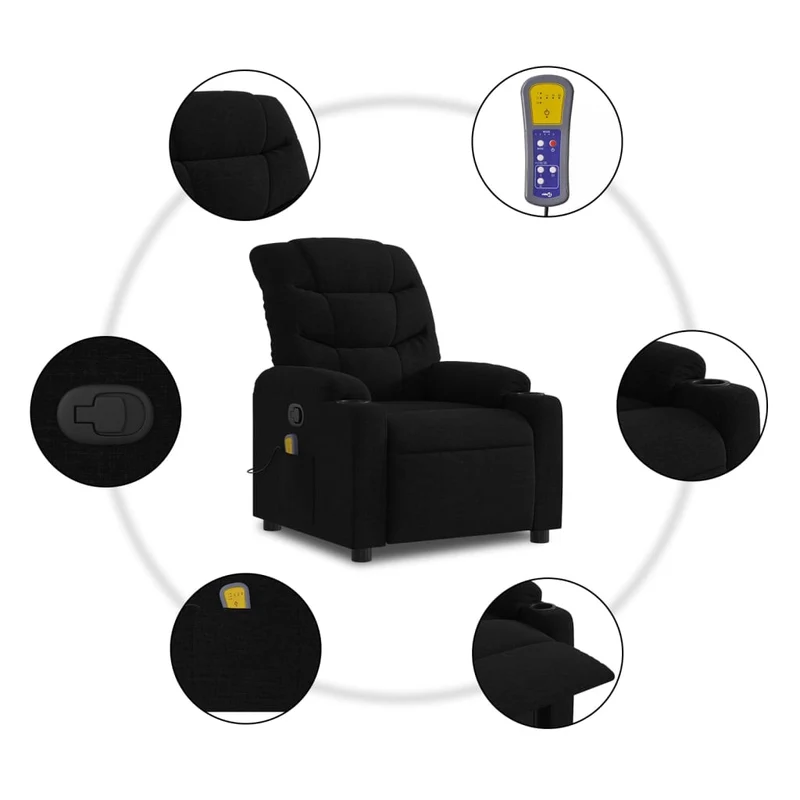 Fauteuil de relaxation TV fonction massage inclinable 6 points de massage en tissu noir DEC027051