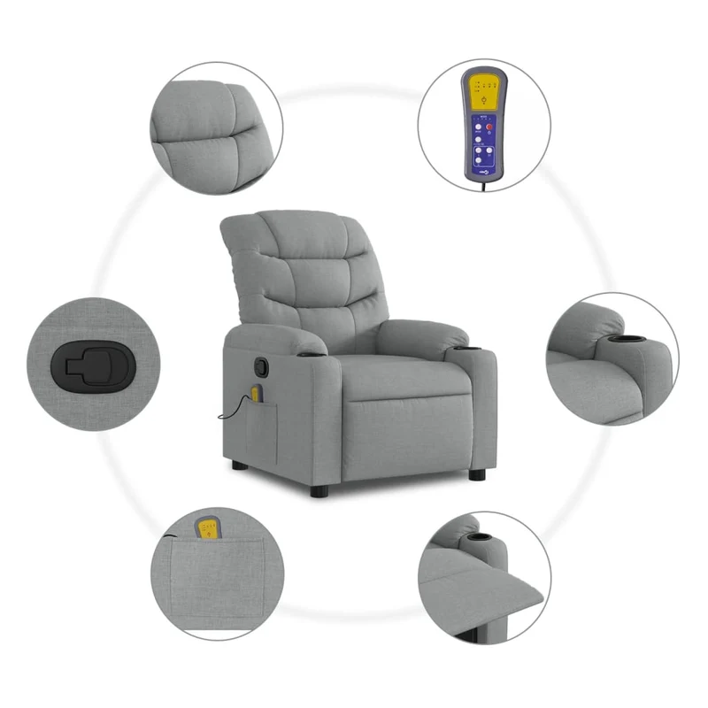 Fauteuil de relaxation TV fonction massage inclinable 6 points de massage en tissu gris clair DEC026916