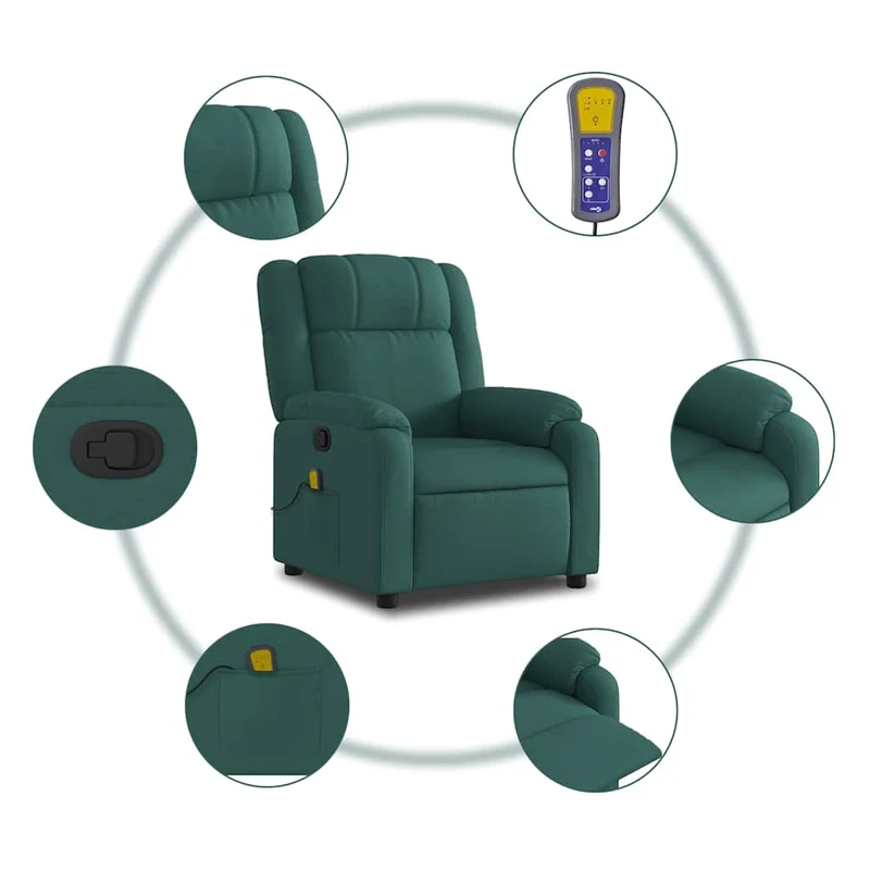 Fauteuil de relaxation TV fonction massage inclinable 6 points de massage en tissu vert foncé DEC027117