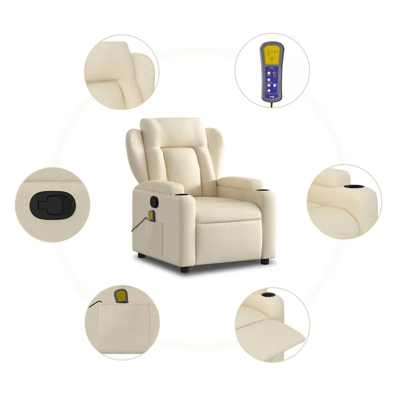 Fauteuil de relaxation TV fonction massage inclinable 6 points de massage en tissu crème DEC026892