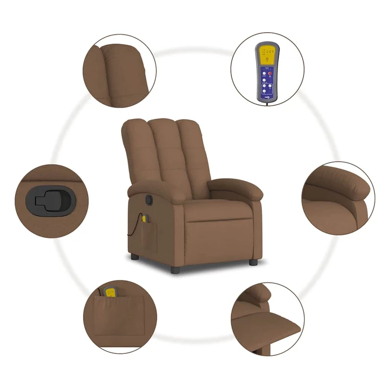 Fauteuil de relaxation TV fonction massage inclinable 6 points de massage en tissu marron DEC027025