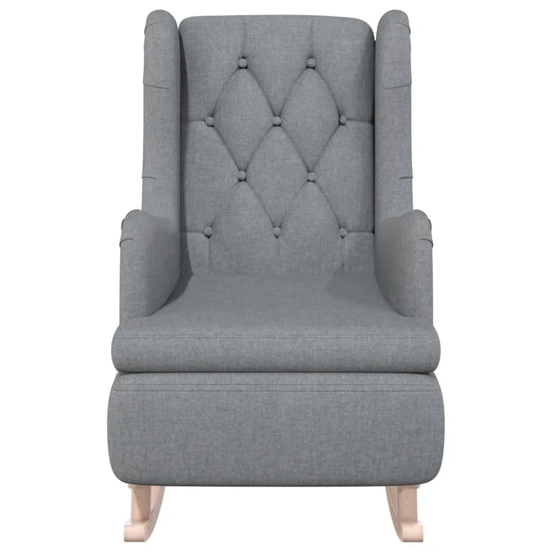 Fauteuil lounge design moderne avec pieds à bascule en bois d'hévéa et tissu gris clair DEC026826