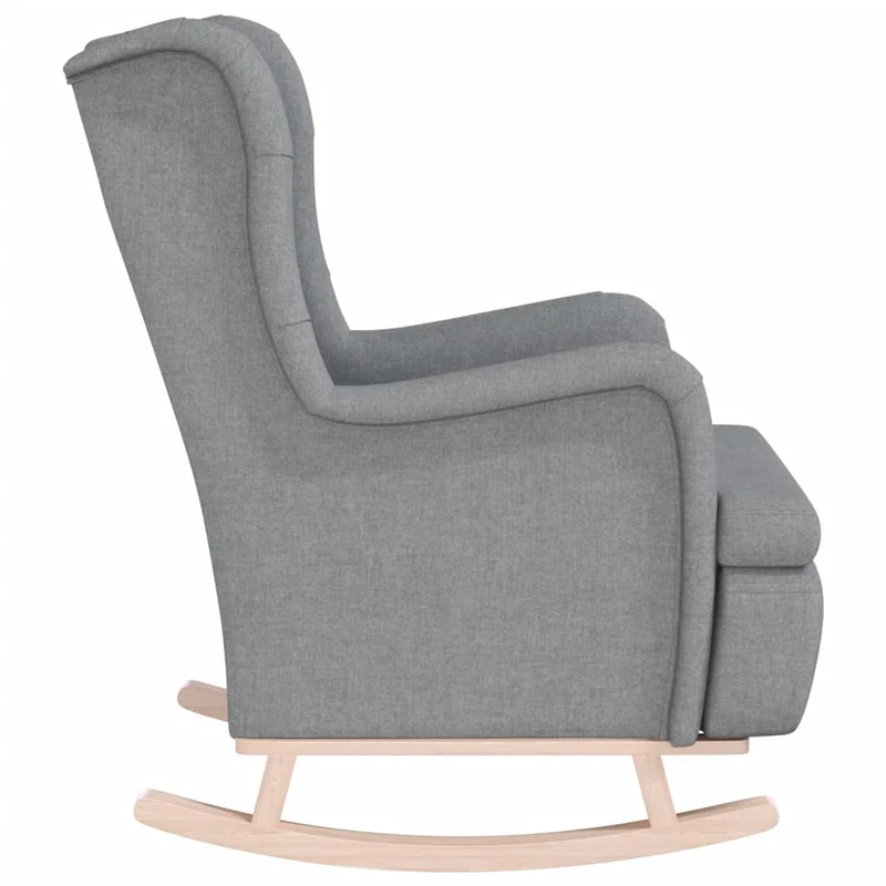 Fauteuil lounge design moderne avec pieds à bascule en bois d'hévéa et tissu gris clair DEC026826