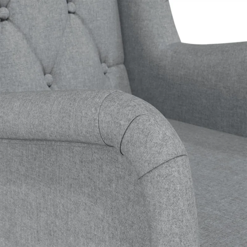Fauteuil lounge design moderne avec pieds à bascule en bois d'hévéa et tissu gris clair DEC026826