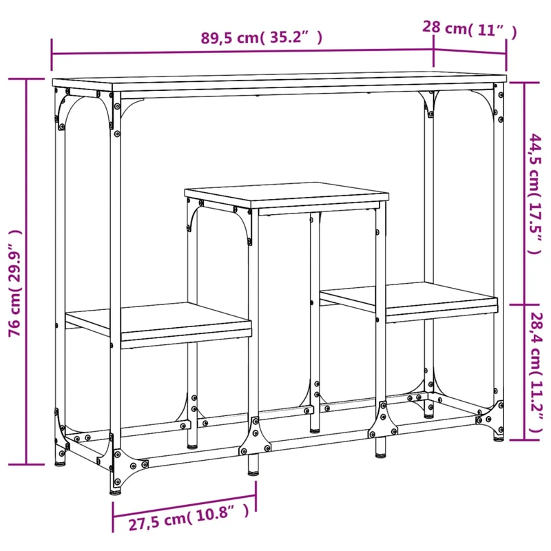 Meuble console d'entrée moderne avec étagères 89,5 x 28 x 76 cm bois d'ingénierie marron et métal DEC031821