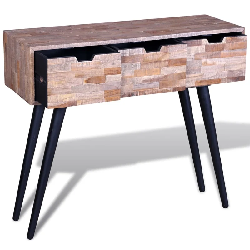 Meuble console d'entrée moderne avec 3 tiroirs en bois de teck recyclé et fer DEC031627