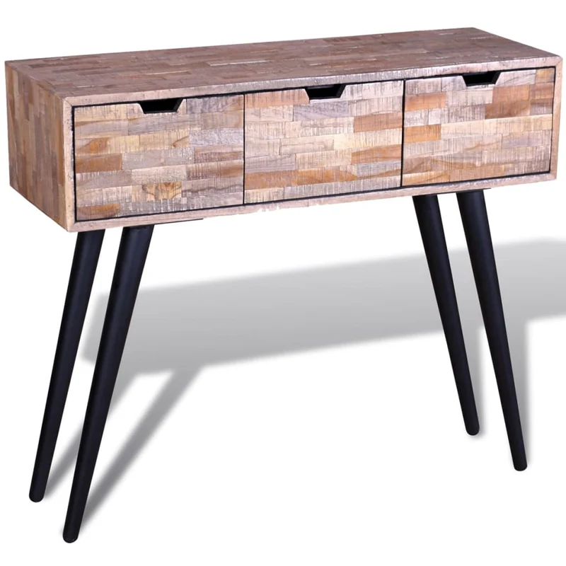 Meuble console d'entrée moderne avec 3 tiroirs en bois de teck recyclé et fer DEC031627