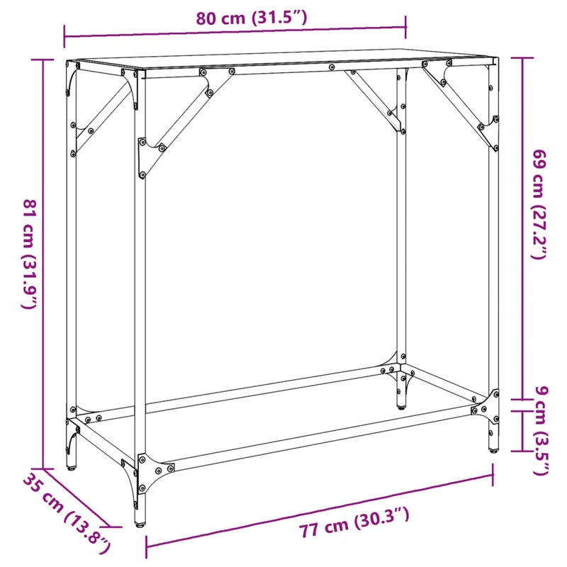 Table d'appoint d'entrée console avec dessus en verre transparent et acier 80 x 35 x 81 cm DEC031352