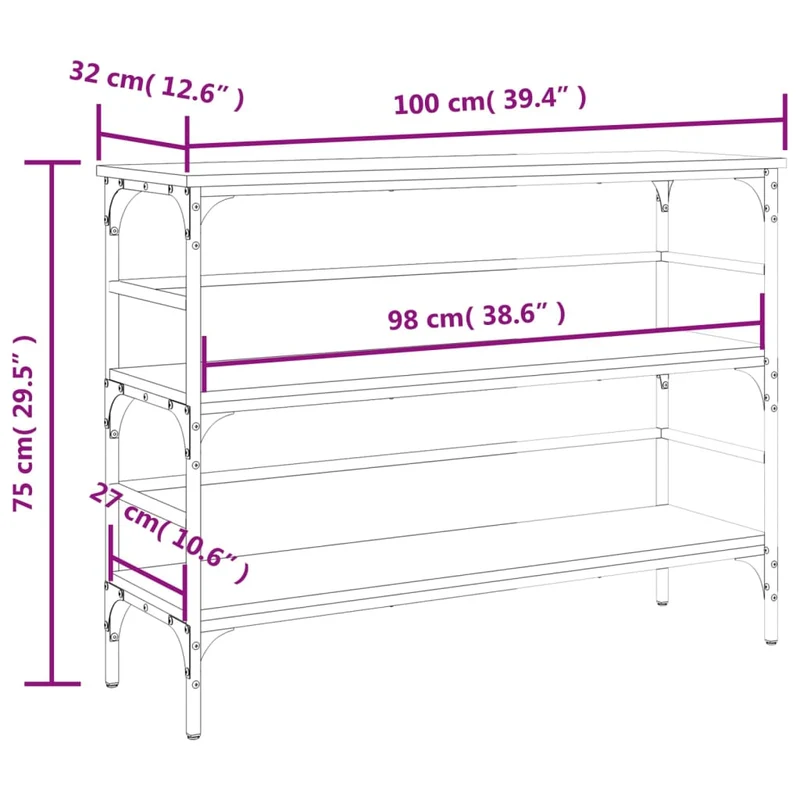 Table d'appoint console pratique avec étagères de rangement 100 x 32 x 75 cm bois d'ingénierie gris et métal DEC032195