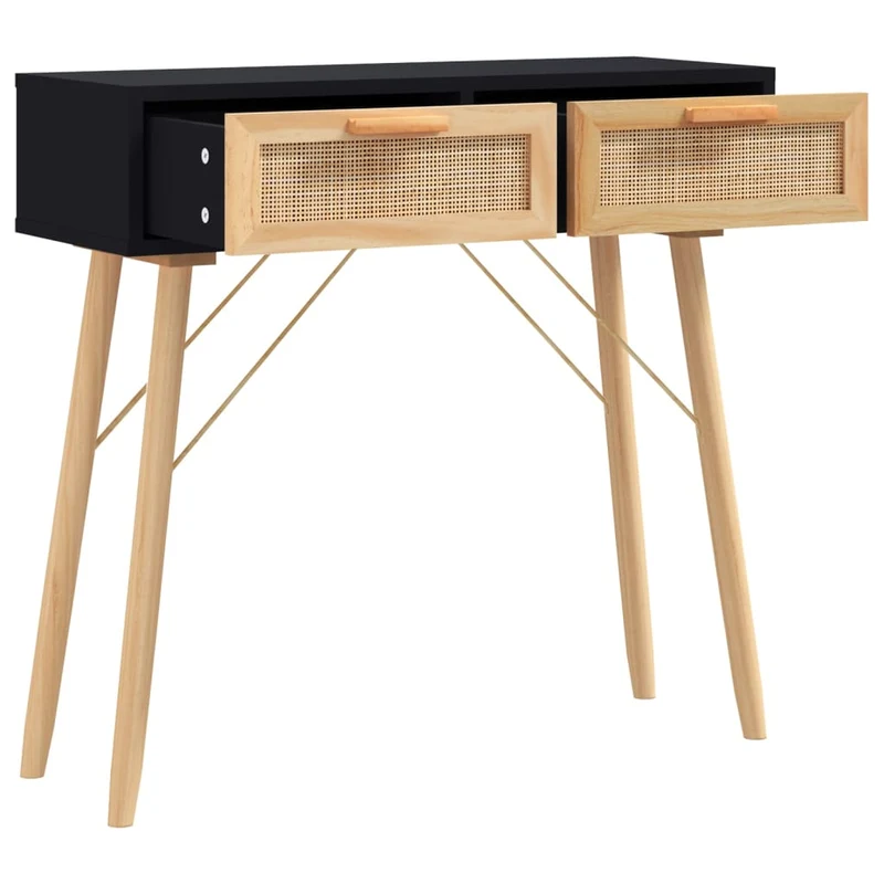 Table d'appoint console pratique avec tiroirs de rangement 80 x 30 x 75 cm bois massif pin /rotin naturel noir DEC032165