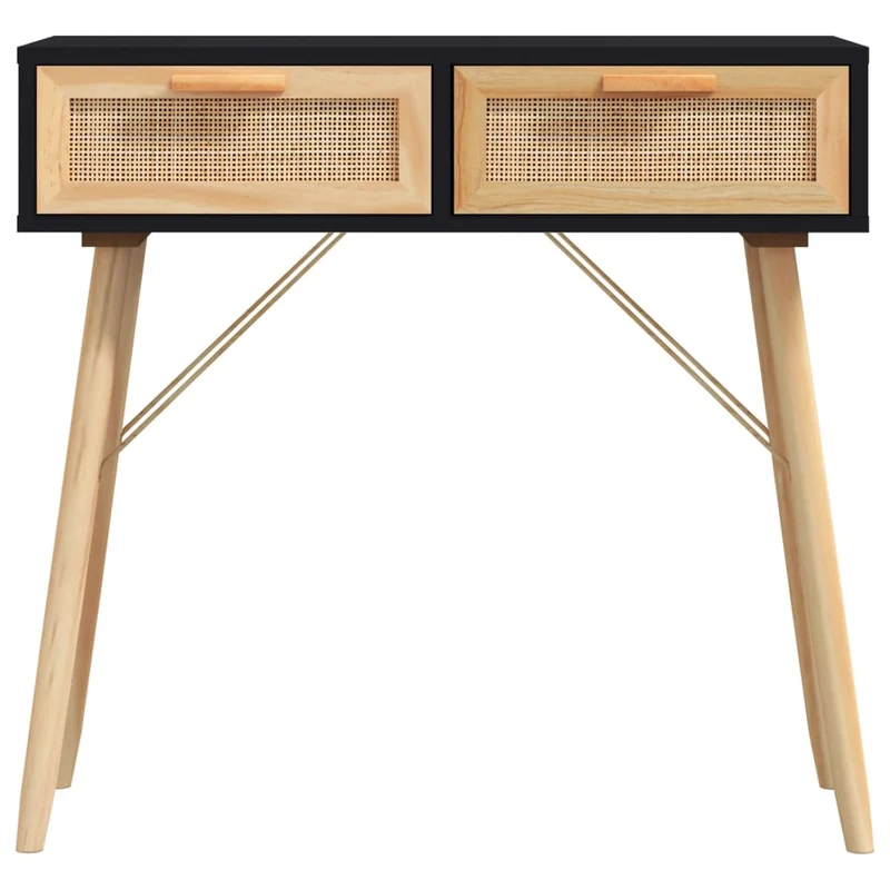 Table d'appoint console pratique avec tiroirs de rangement 80 x 30 x 75 cm bois massif pin /rotin naturel noir DEC032165