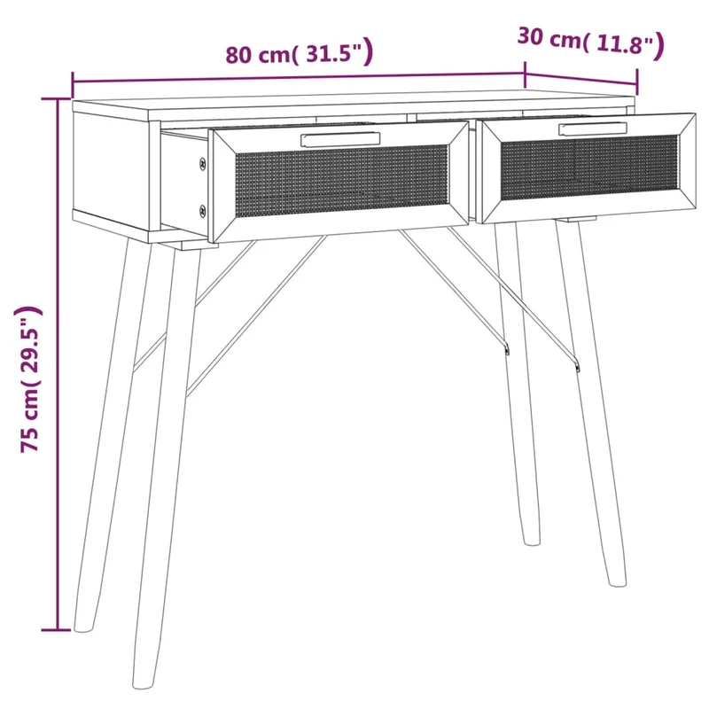 Table d'appoint console pratique avec tiroirs de rangement 80 x 30 x 75 cm bois massif pin /rotin naturel noir DEC032165