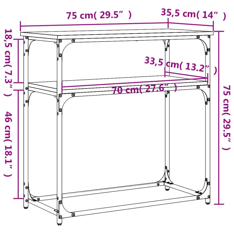 Table d'appoint console pratique avec étagères de rangement 75 x 35,5 x 75 cm bois d'ingénierie et métal noir DEC032158