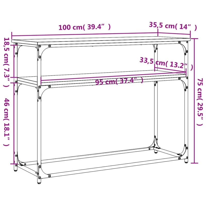Table d'appoint console pratique avec étagères de rangement 100 x 35,5 x 75 cm bois d'ingénierie et métal noir DEC032073