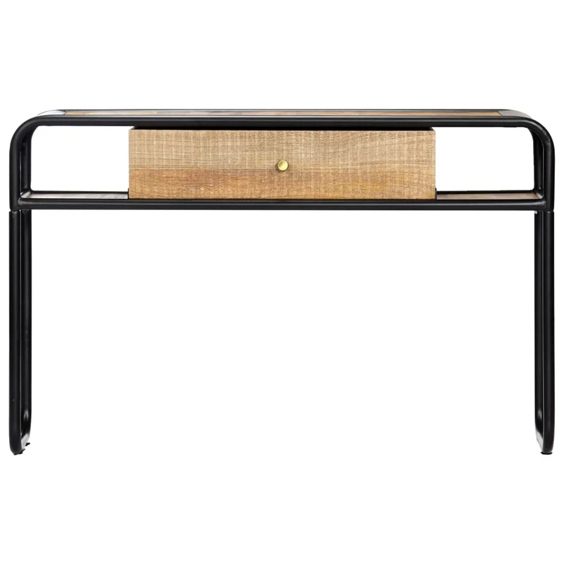 Table d'appoint console avec tiroir de rangement et deux compartiments 118 x 30 x 75 cm bois de manguier massif et acier DEC031541