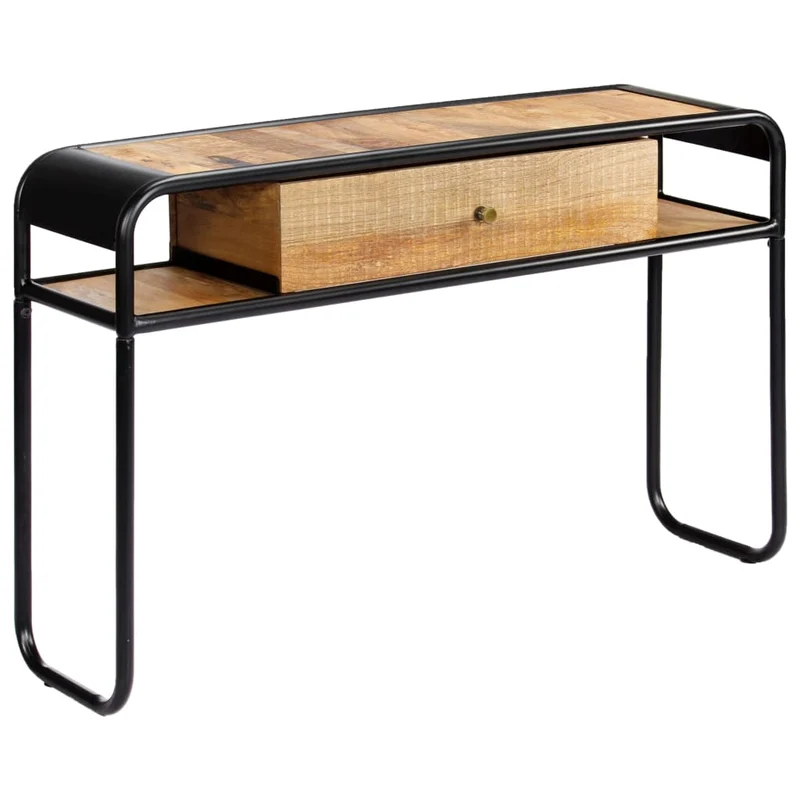 Table d'appoint console avec tiroir de rangement et deux compartiments 118 x 30 x 75 cm bois de manguier massif et acier DEC031541