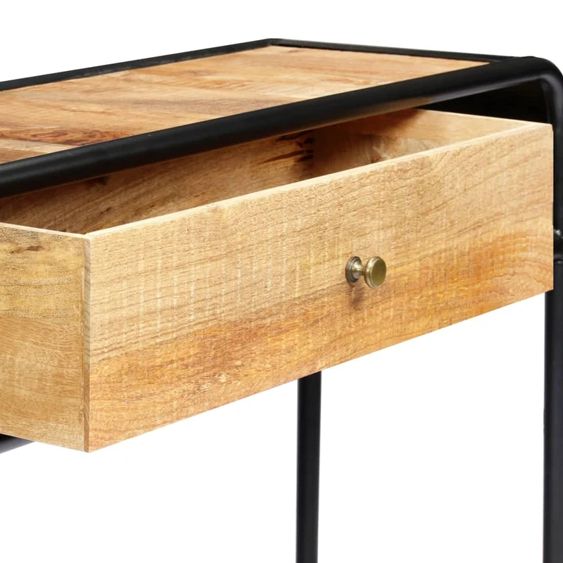 Table d'appoint console avec tiroir de rangement et deux compartiments 118 x 30 x 75 cm bois de manguier massif et acier DEC031541