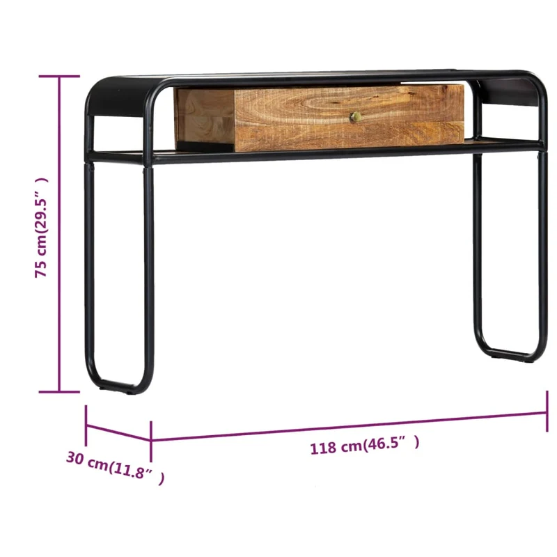 Table d'appoint console avec tiroir de rangement et deux compartiments 118 x 30 x 75 cm bois de manguier massif et acier DEC031541