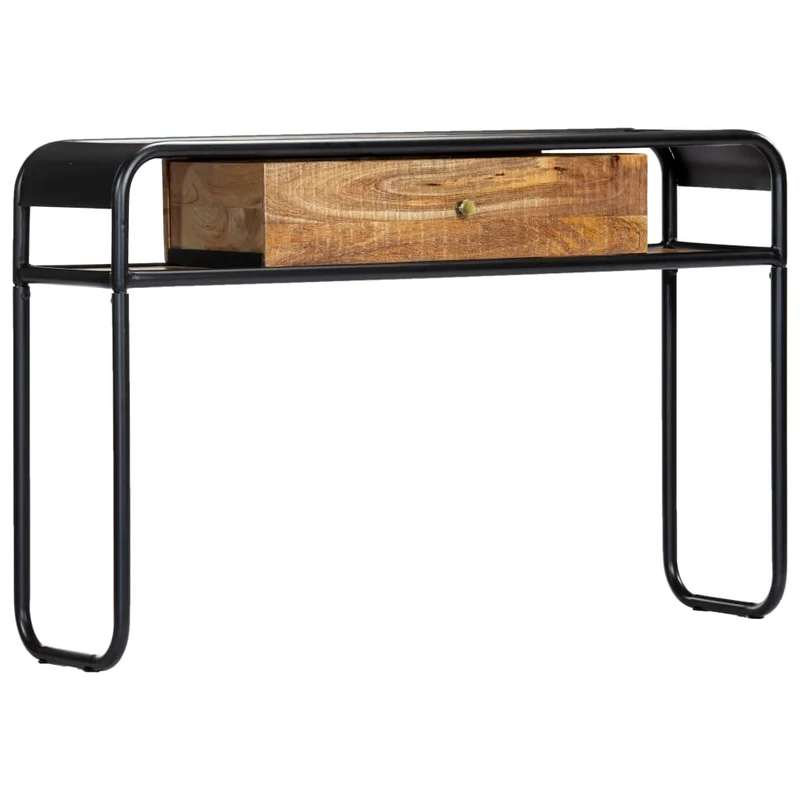 Table d'appoint console avec tiroir de rangement et deux compartiments 118 x 30 x 75 cm bois de manguier massif et acier DEC031541