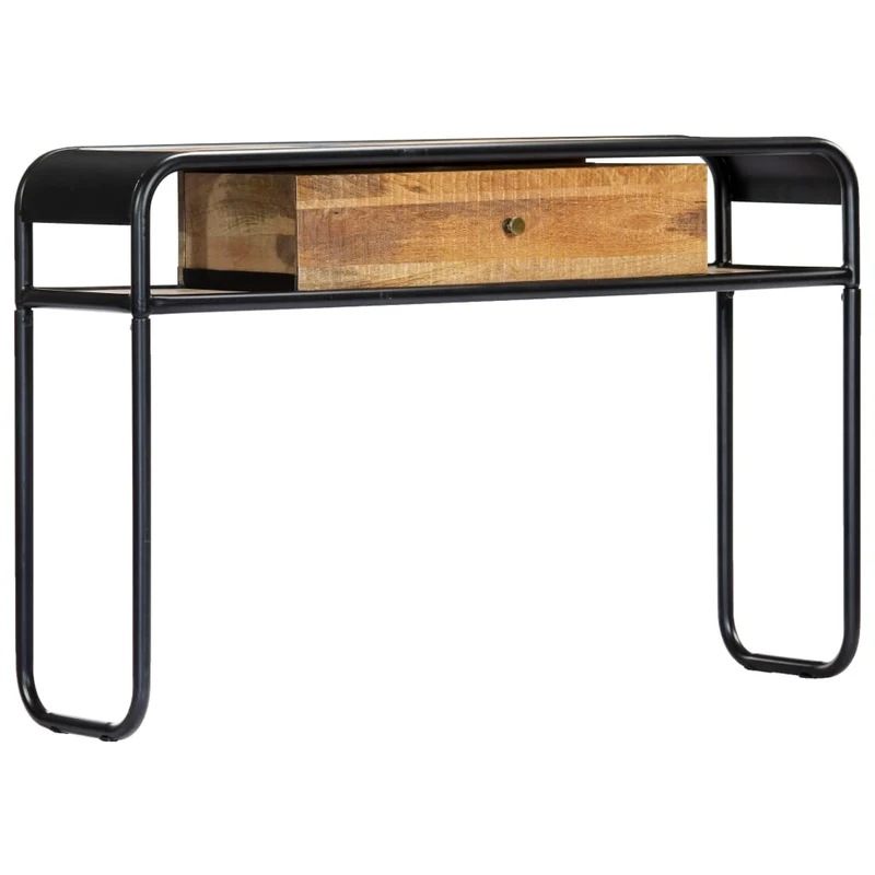 Table d'appoint console avec tiroir de rangement et deux compartiments 118 x 30 x 75 cm bois de manguier massif et acier DEC031541