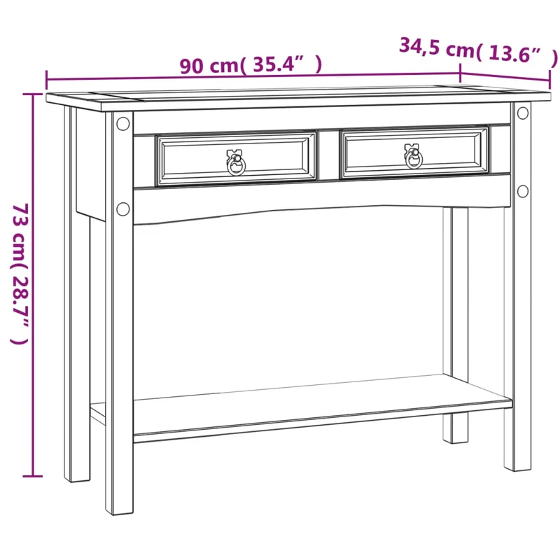 Table console avec 2 tiroirs et 1 étagère 90 x 34,5 x 73 cm en bois de pin blanc DEC031992