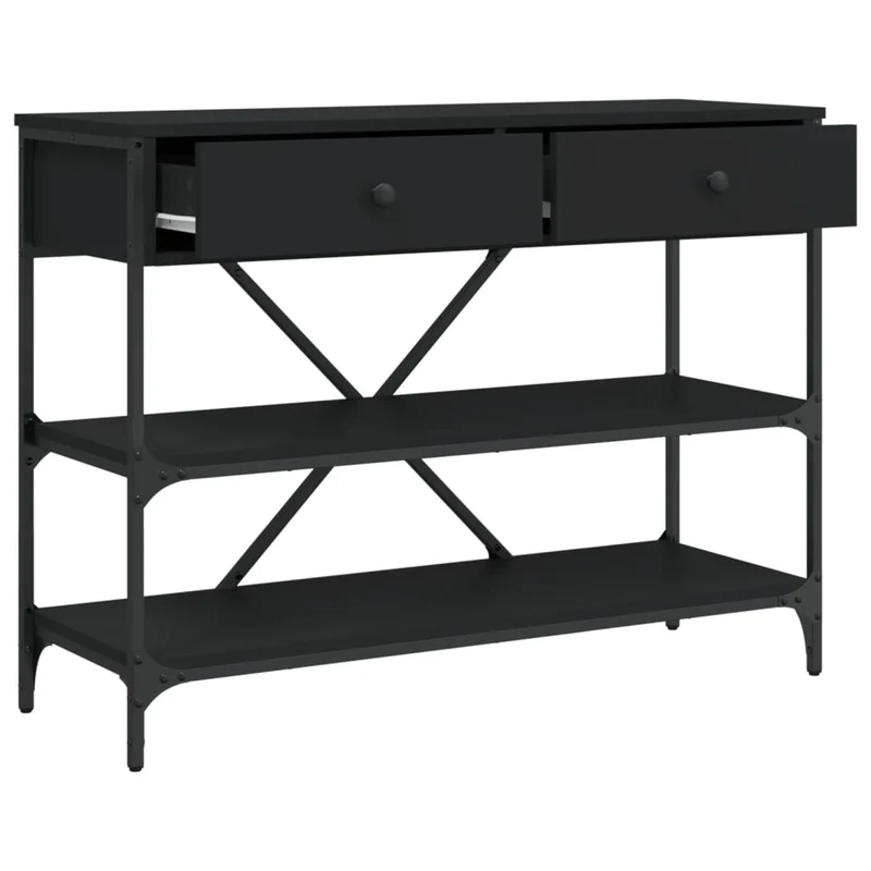 Table console avec tiroirs et étagères en bois d'ingénierie et acier noir DEC031637