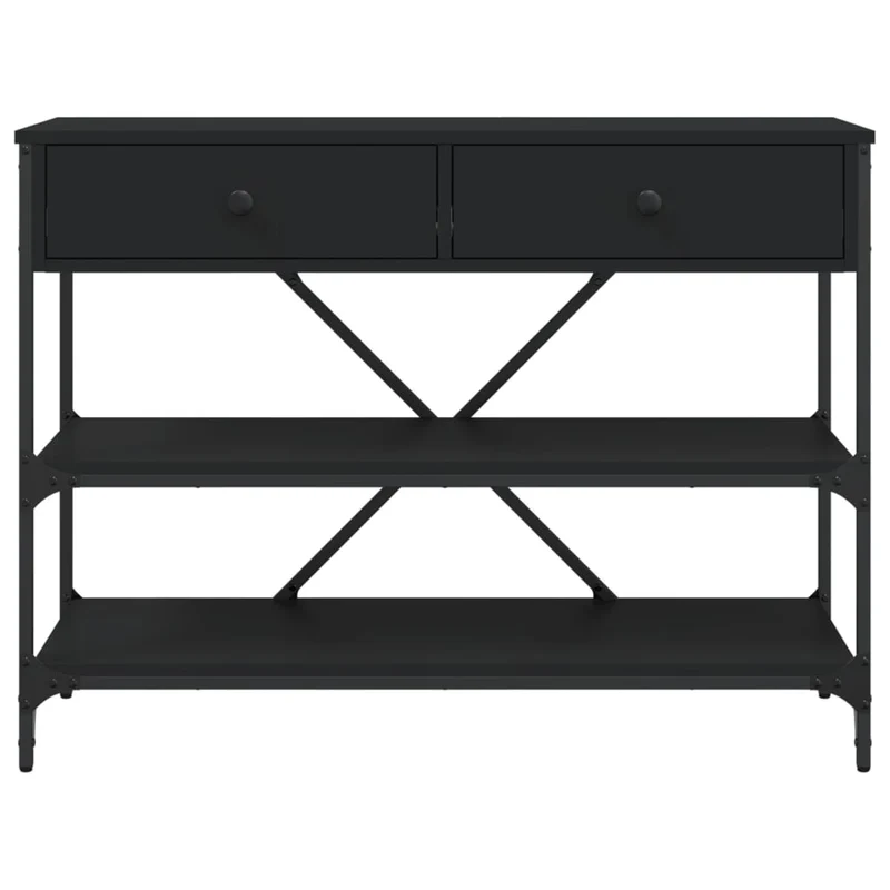 Table console avec tiroirs et étagères en bois d'ingénierie et acier noir DEC031637